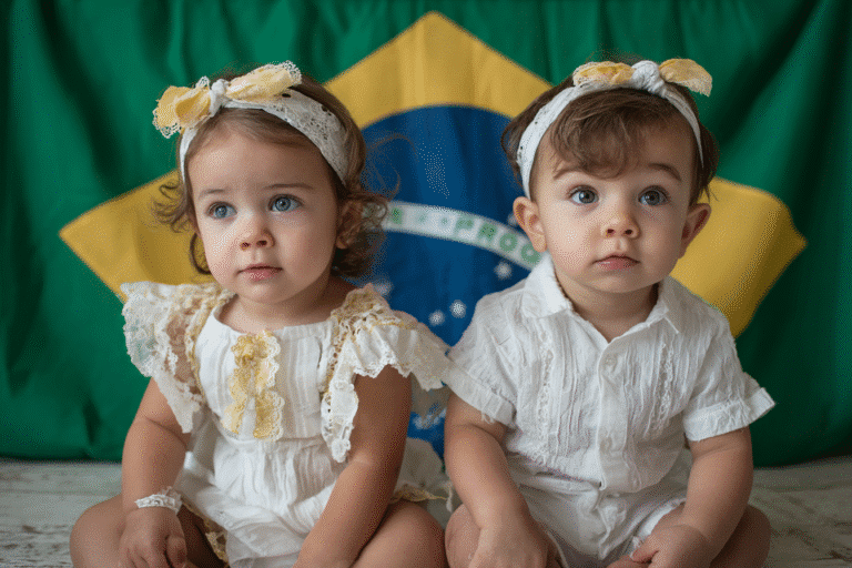 Bébés devants un drapeau du Brésil
