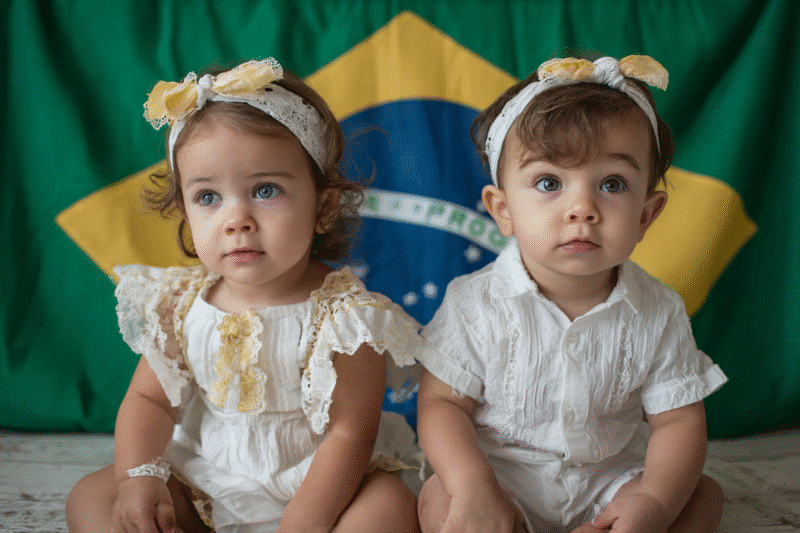 Bébés devants un drapeau du Brésil