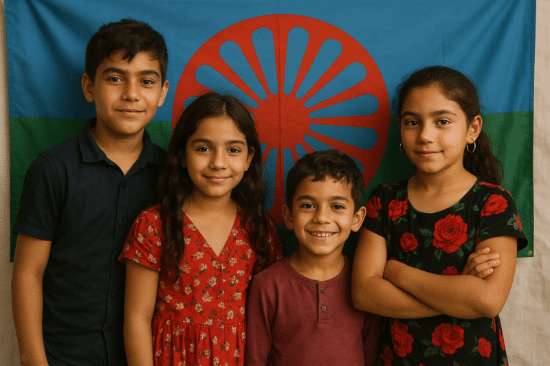 Enfants gitans posants fièrement devant le drapeau gitan