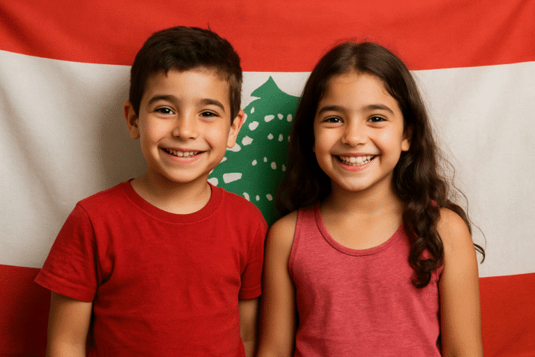 Deux jeunes enfants libanais posant fièrement devant le drapeaux de leur pays